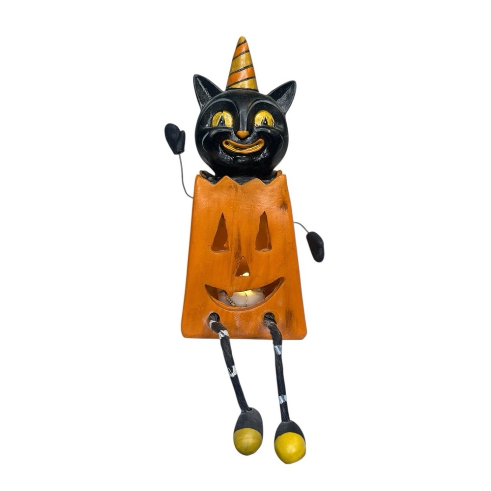 JOHANNA PARKER Retro Cat Pumpkin Shelf Sitter Light Up Treat Bag jack o‎ lantern